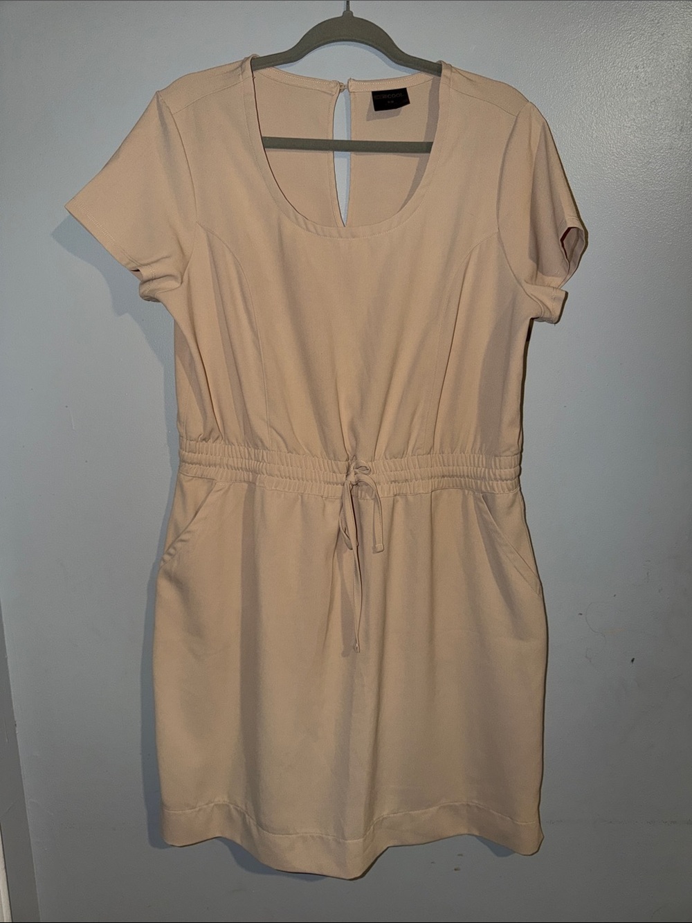 Beige Dress with Stretchy Drawstring Waist & Pockets